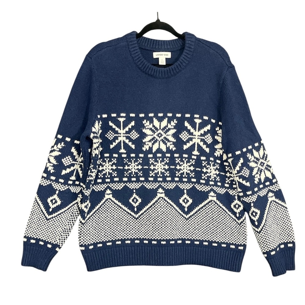 Lands End Fair Isle Knit Sweater Mens Large Blue Snowflake Crew Neck Wool Blend